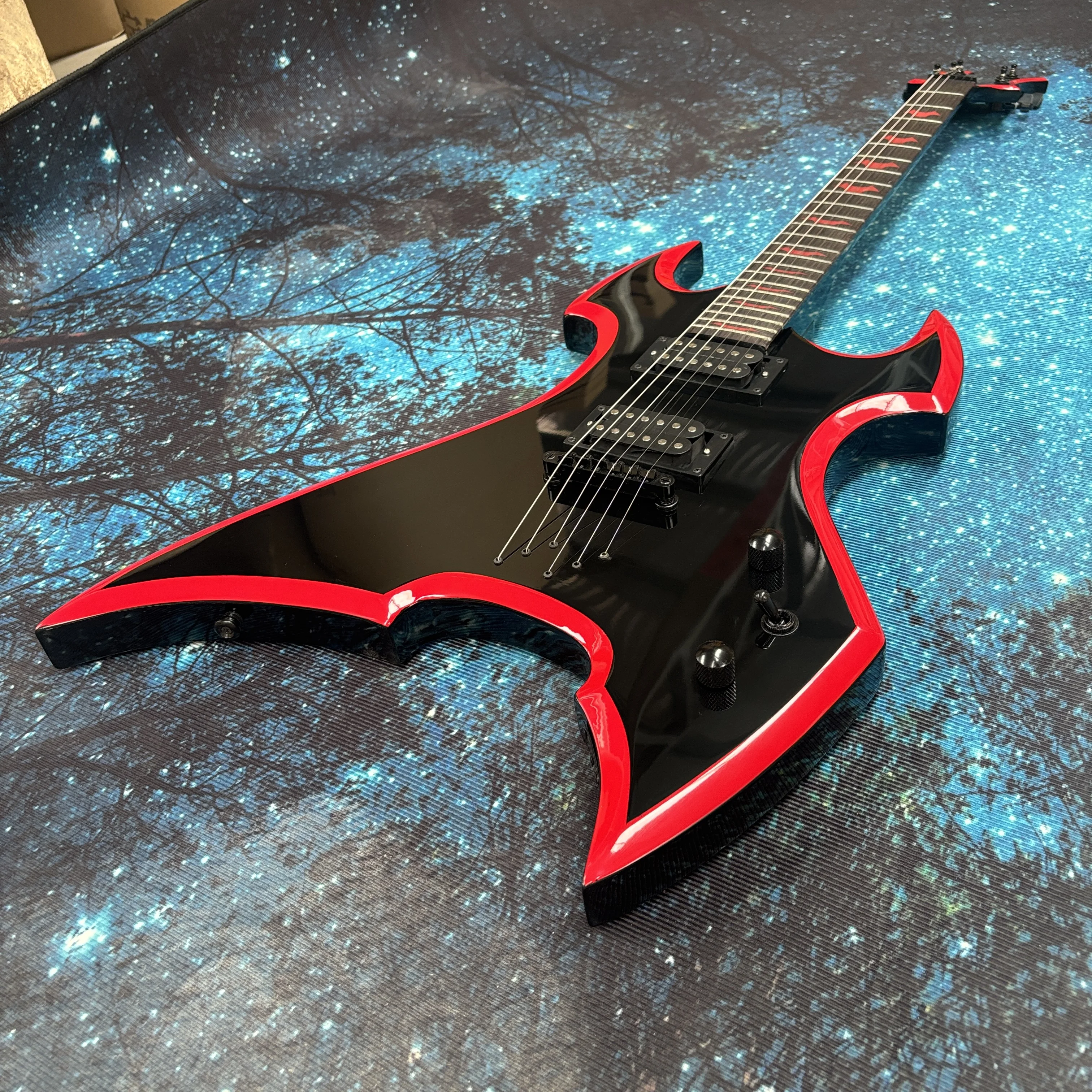 Red-bound electric guitar, rosewood fingerboard guitar with red bat/claw inlay guitars, through-neck electric guitarra view 3