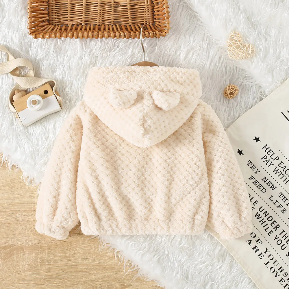 Casual Fur Girls\' Coat Autumn And Winter Girls\' Diamond Grid Fur Solid Color Cute Ear Hooded Zipper Jacket