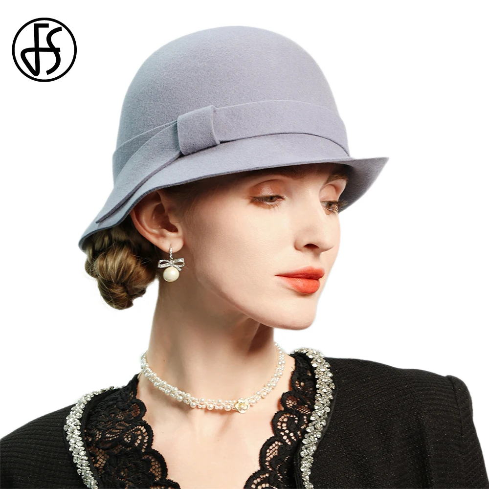 FS Vintage Curved Brim Bowler Hat Luxury Wool Hats For Women Ladies Outdoor Windproof Winter Cap Formal Gray Felt Fedoras 2024