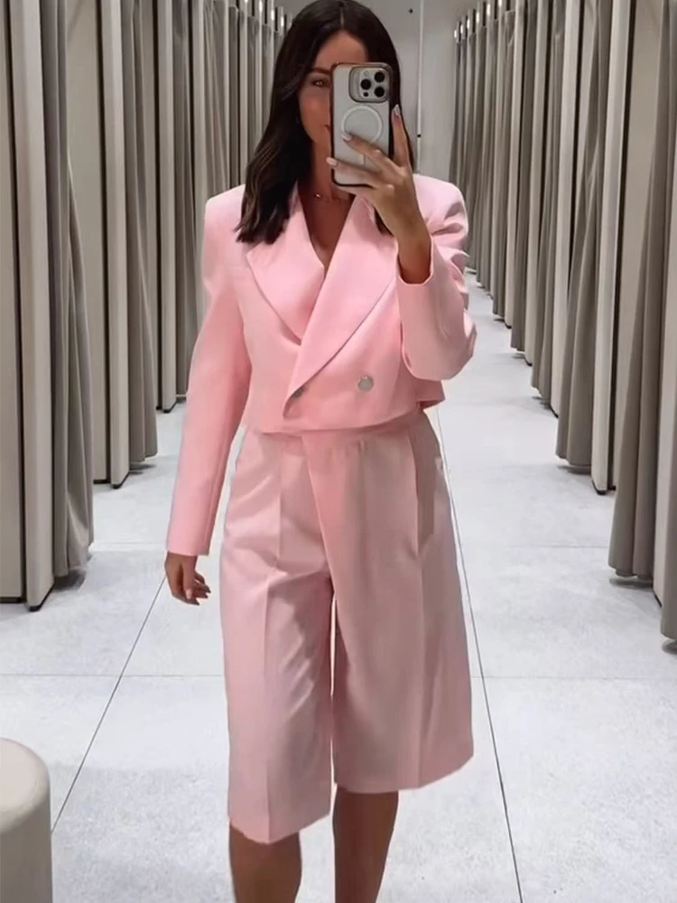 Elegant Women's Blazer Trousers Suit Pink Long Sleeve Double Breasted Short Top Half Straight Pants Set Summer Chic Lady Outfits