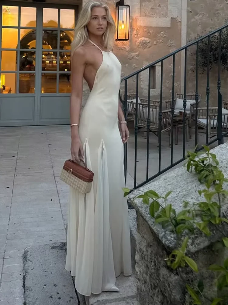 

2025 Sexy Mesh Splicing Halter Dress Chic Women's Apricot Backless Sleeveless High Waist Vestido Summer Lady Party Banquet Robes