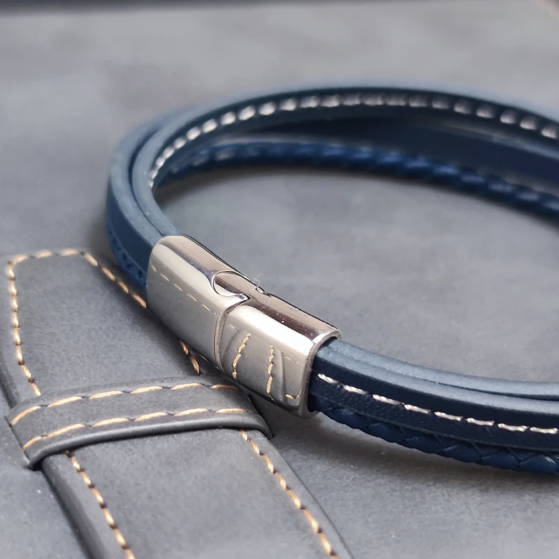 Fashion Blue Leather Bracelets Men Boys Stainless Steel Clasp Multilayer Braided Rope Bracelet for Male Female Bracelets Jewelry