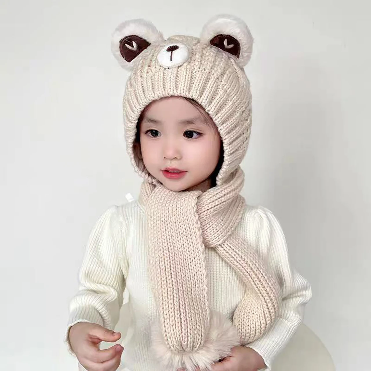 

Зимний теплый детский вязаный шарф, шапка с милым медведем, детская защитная шапка для ушей от 1 до 6 лет, детский шейный платок, детский цельный головной убор, шапочка