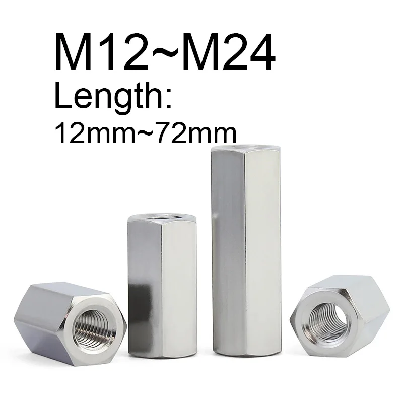 1Pcs Connection Thread Nuts Double Pass Hexagon Stud 304 Stainless Steel M12 M14 M16 M18 M20 M22 M24 Long Hex Nut