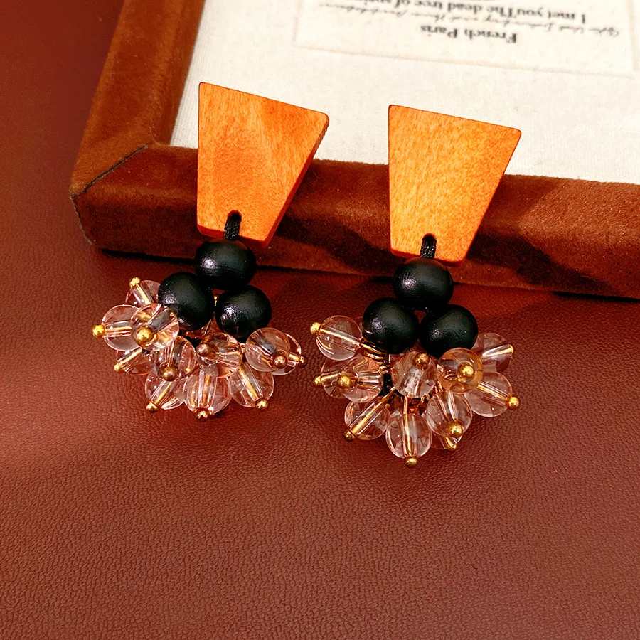 Transparent Glass Bead Cluster Drop Earrings Women Bohemian Geometric Wooden Pendant Earring Handmade Beach Vacation Jewelry K