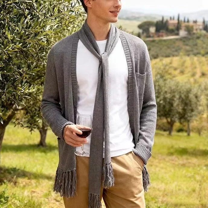 Large Size Men's Scarf Men's Sweater Cardigan Solid Color Long-sleeved Top Shirt Fringed Knitted Sweater Jacket
