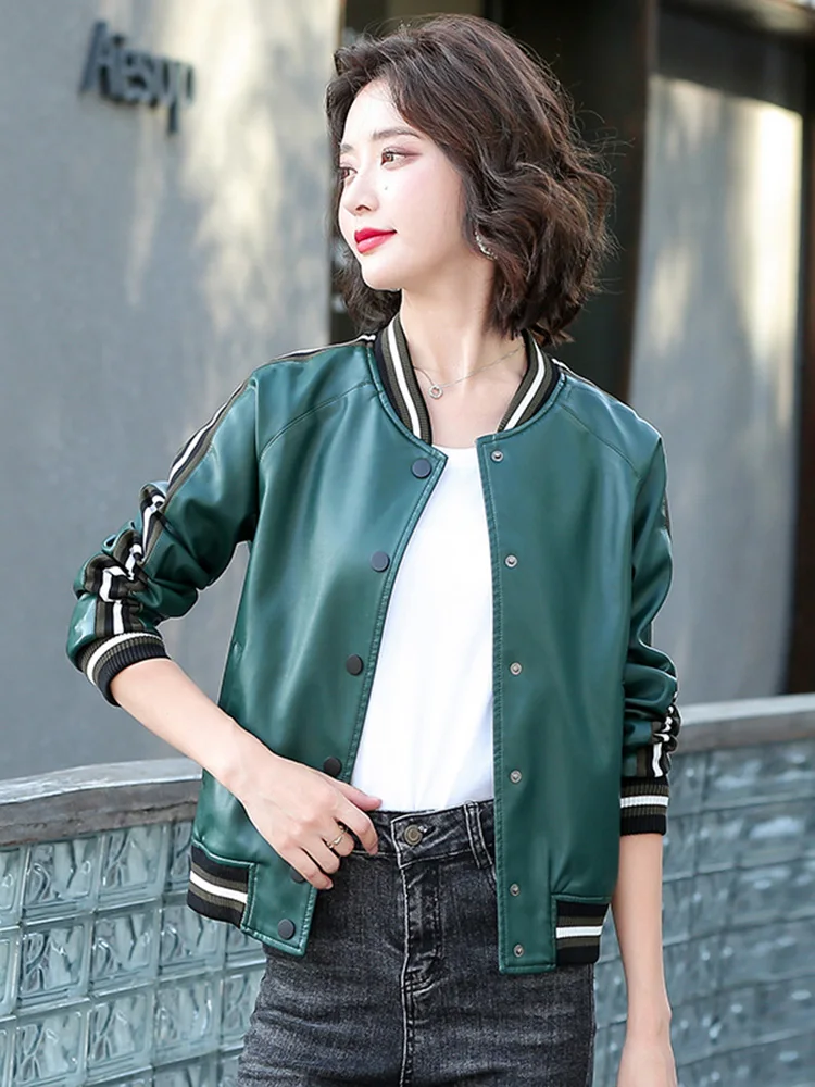 New Women High Street Split Leather Baseball Uniforms Street Casual Coat 2024 Spring Autumn Loose Stitching Sheepskin Jacket