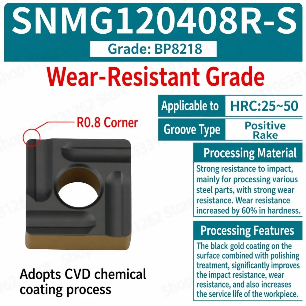 SNMG120408R-S Carbide Turning Inserts, for Steel Machining HRC25-50, 0.8 R Angle CVD Coating CNC Lathe Tool