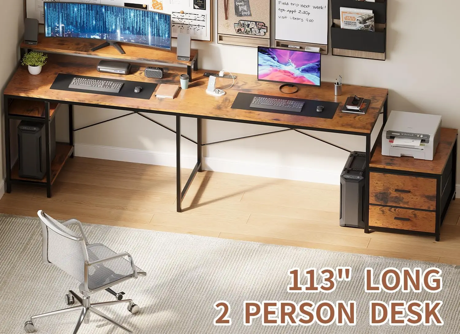 L Shaped Gaming Desk com gaveta, grande mesa reversível com suporte de impressora, Power Outlet, 113 ", 2 Pessoa, 66"