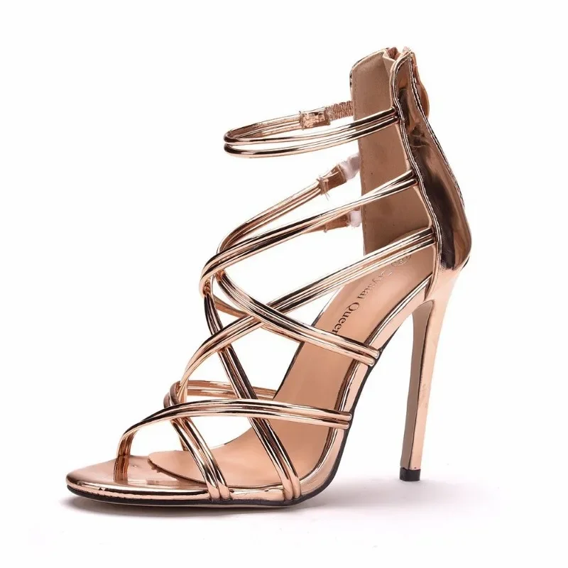 Quality Women Sandals Female Narrow Band Patent Leather 11CM Thin Heels Zipper Cover Heel Fashion Sexy Women\'s Dress Shoes Gold