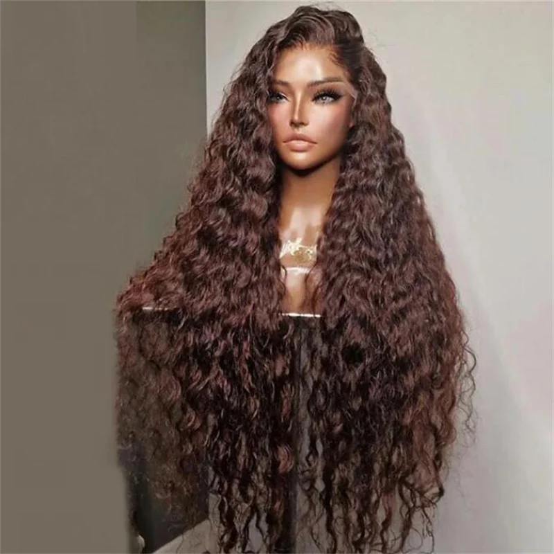 Long 26Inch 180Density Dark Brown Glueless Kinky Curly Lace Front Wig For Women BabyHair Heat Resistant Preplucked Daily