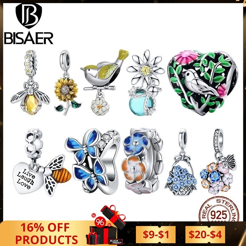 BISAER 925 Sterling Silver Flower Bird Series Charm Bee Bead Sunflower Garden Pendant For Women Bracelets DIY Fine Jewelry Gift