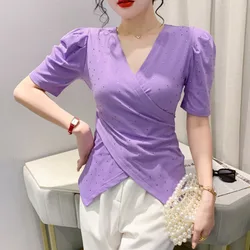 #5442 Black White Purple Mesh T Shirt Women V-neck Tight Stretch T-shirt Femme Puff Sleeve Asymmetrical T-shirt Diamonds Sexy