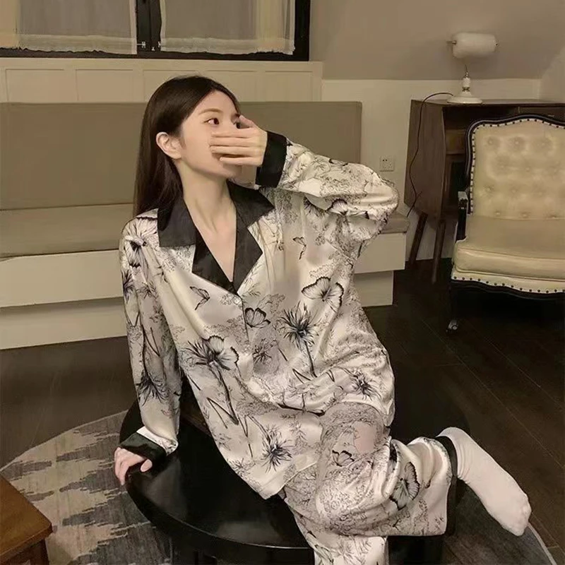 Print Sleepwear Women Pajama Sets Korean Piiama Casual Night Wears Autumn Pants Sets 2 Pieces Button Long Sleeve Home Suit New