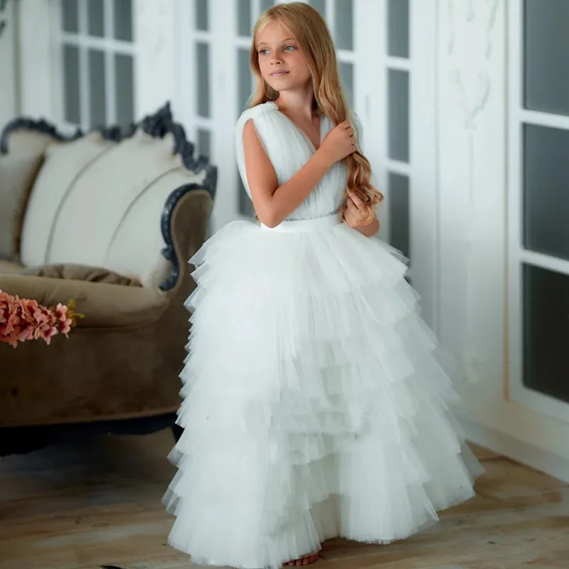 

Delicate Flower Girl Dress Sleeveless V-Neck Princess Birthday Party Gown First Communion Ceremony roupas de florista