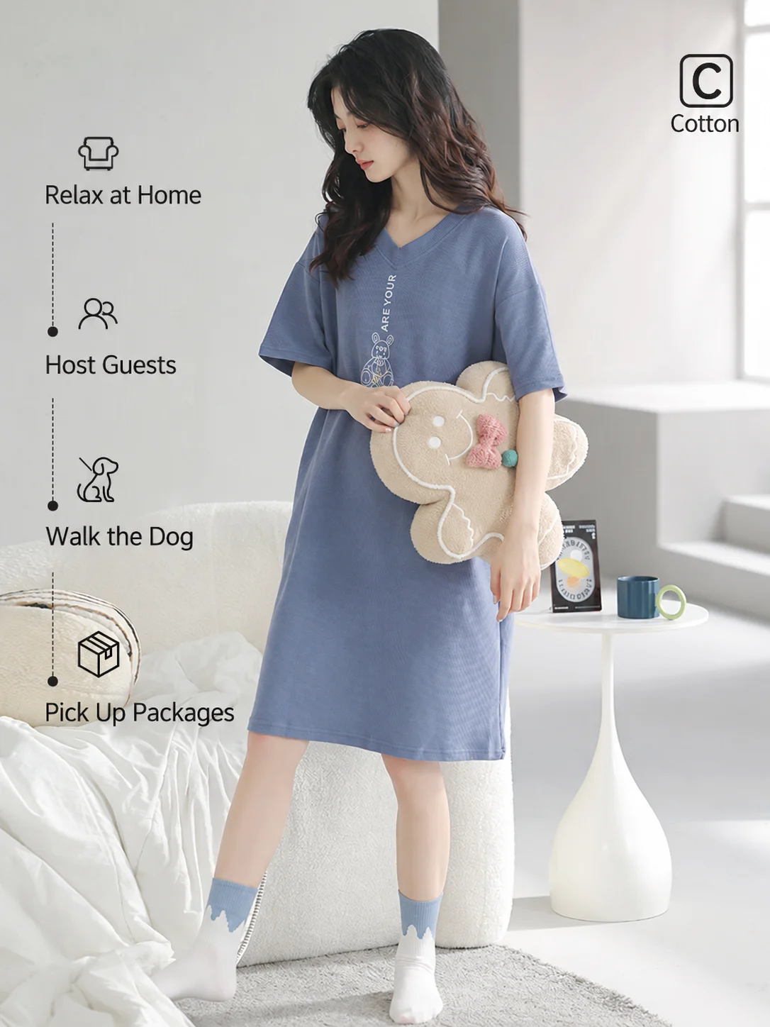 100% Cotton Nightgown for Women Short Sleeve V-Neck Relaxed Fit Soft Pullover for Summer Home Wear Casual Loungewear Night Dress