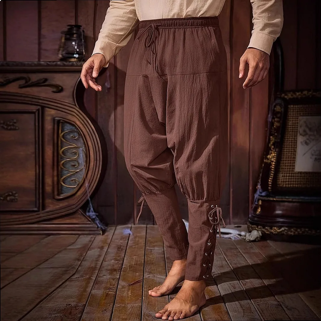 Men's Medieval Ankle Tie Pants Renaissance Viking Pirate Cotton Trousers Lace Up Pants