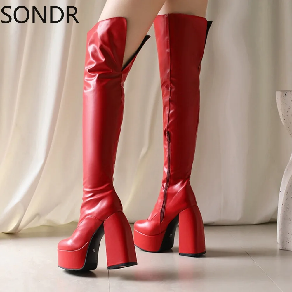 

Womens Over The Knee Boots Platform Block Super 14CM High Heel Shoes Side Zipper Long Knight Retro Plus Big Size 46 47 48 Winter