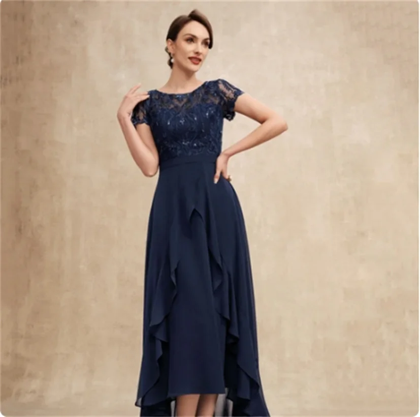 Mom Dresses A-Line Lace Appliques Ruffles  Classic Scoop Neck Ankle-Length Mother Dress Short Sleeve Chiffon Wedding Guest Gown