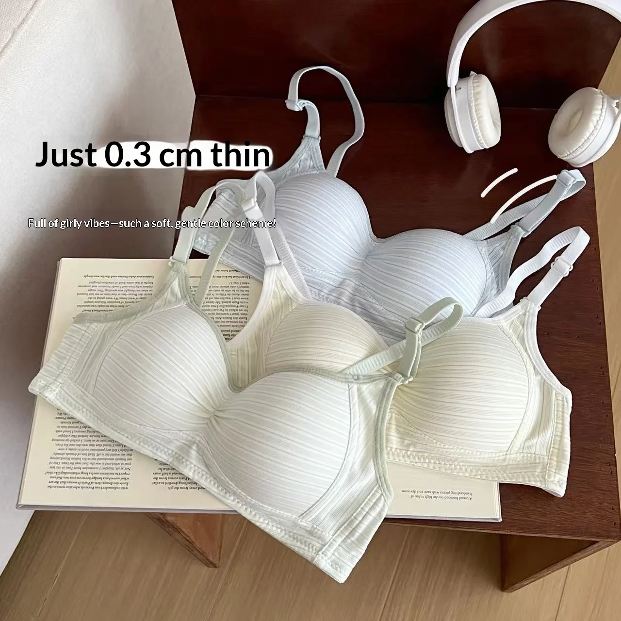 Striped Solid Color Thin Bra, Comfortable Without Steel Rims, Soft Support, Small Chest Gathered, Collection Accessory Bra