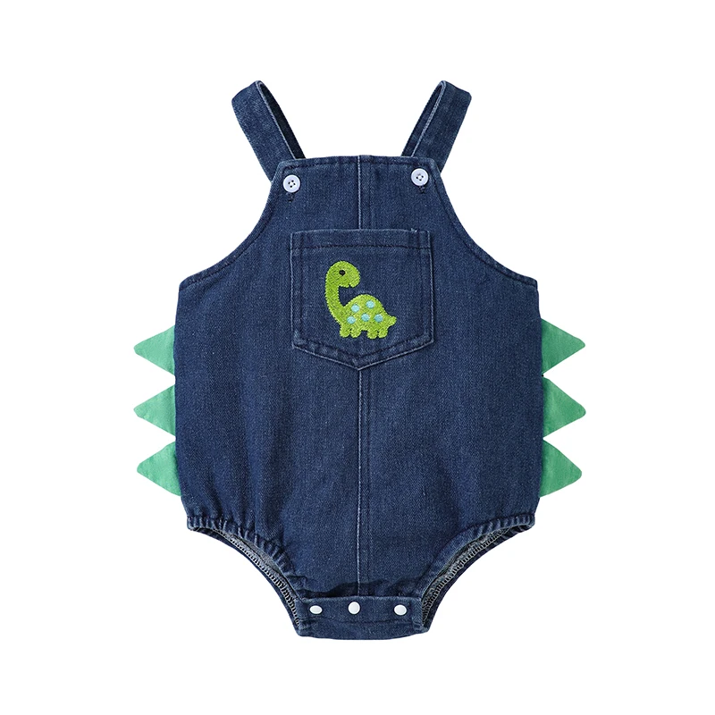 

Baby Denim Overalls Romper Dinosaur Embroidered Square Neck Adorable Jumpsuit for Boys Girls