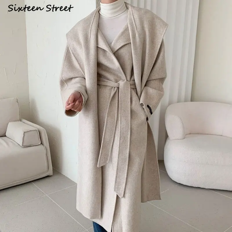 

Beige Wool Coat for Women Vintage 2023 Winter Turn-down Collar Elegant Outfit Ladies Thicken Loose Long Blend Jacket Autumn