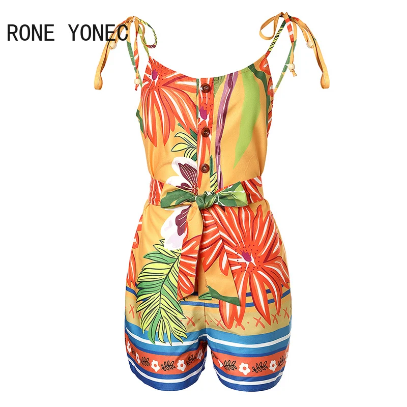 Women Casual Spaghetti Tape Strap Sleeveless All Over Print Pocket Sashes Bodycon Rompers