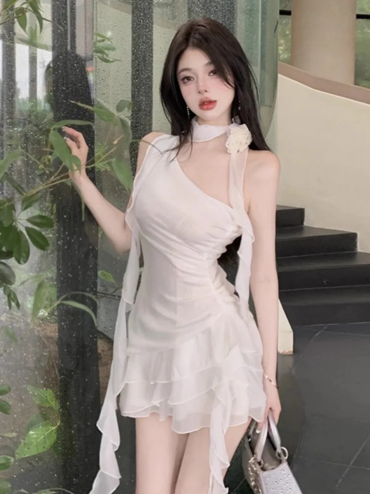 Ezgaga Mini Dresses Women Sleeveless Flowers Ribbon Irregular Off Shoulder Slim Summer New Sexy Party Dress Female Elegant