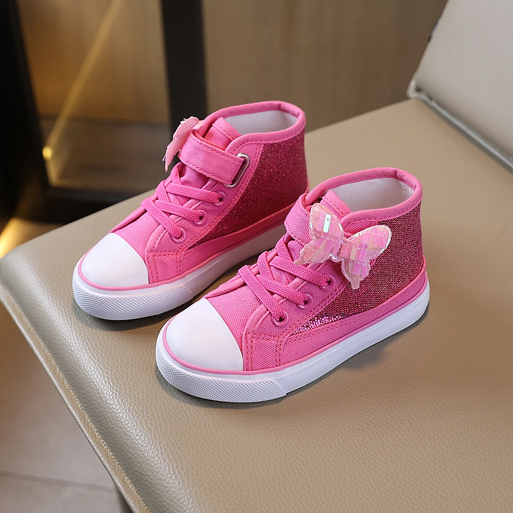 COMFY KIDS Girls Fuchsia Sequin Butterfly Princess Style Mid Top Canvas Shoes Adjustable Strap Breathable Fabric All-Season Wear Party Casual Shoes
