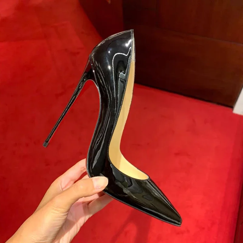 

Black patent leather red soled high heels for women 2024 new professional temperament pointed shallow mouth sexy single shoes