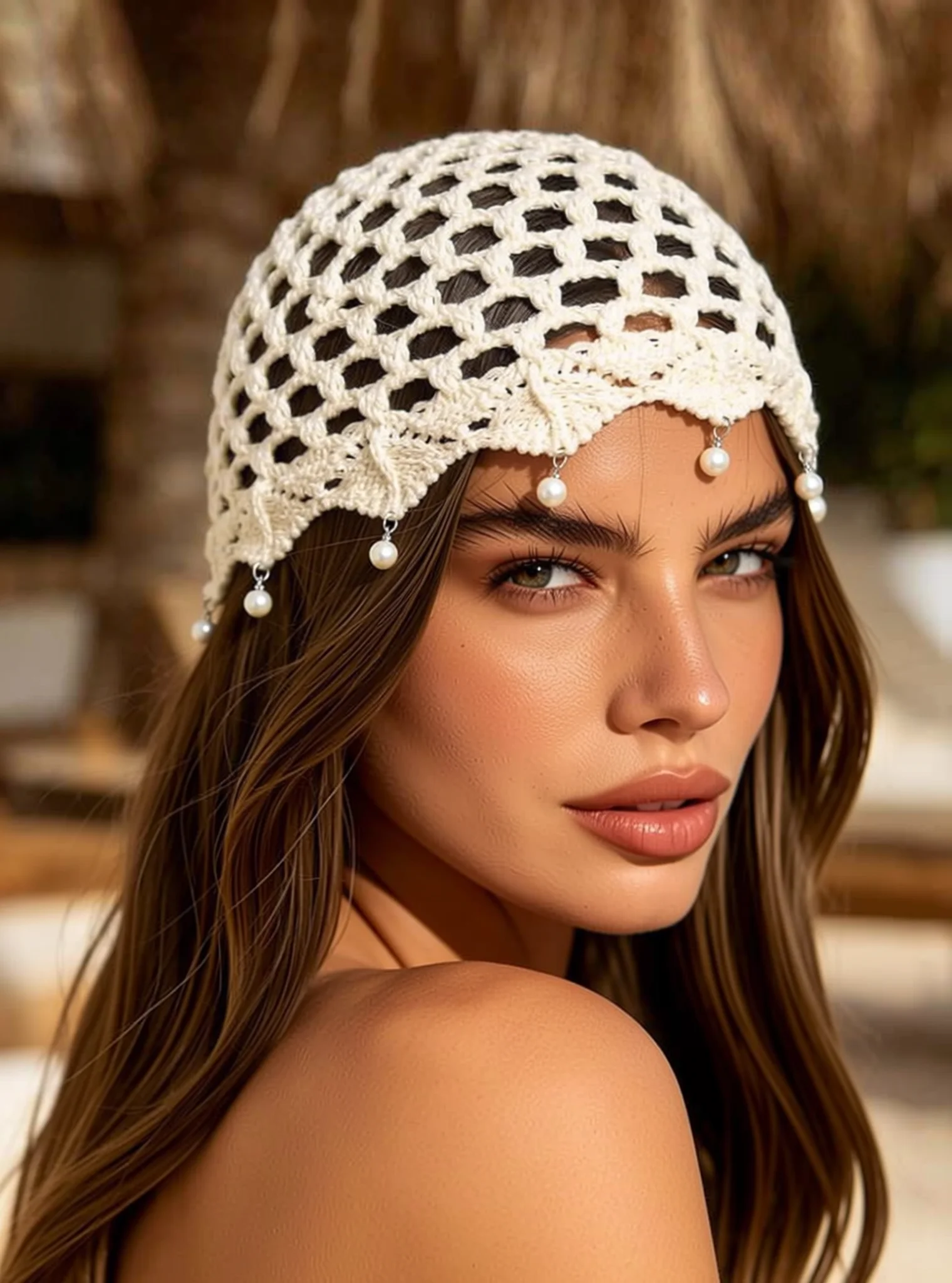 Women's crochet pearl pendant embellished skull cap handmade knitted Mesh Beanie Bohemian Open-Knit Slouchy Hat