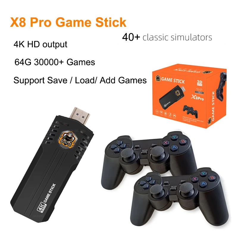 X8 Pro Game Stick 4K 46 Emulator Wifi 2.4G TV Stick With Two Wireless Handles 30000 Games Mini TV Box