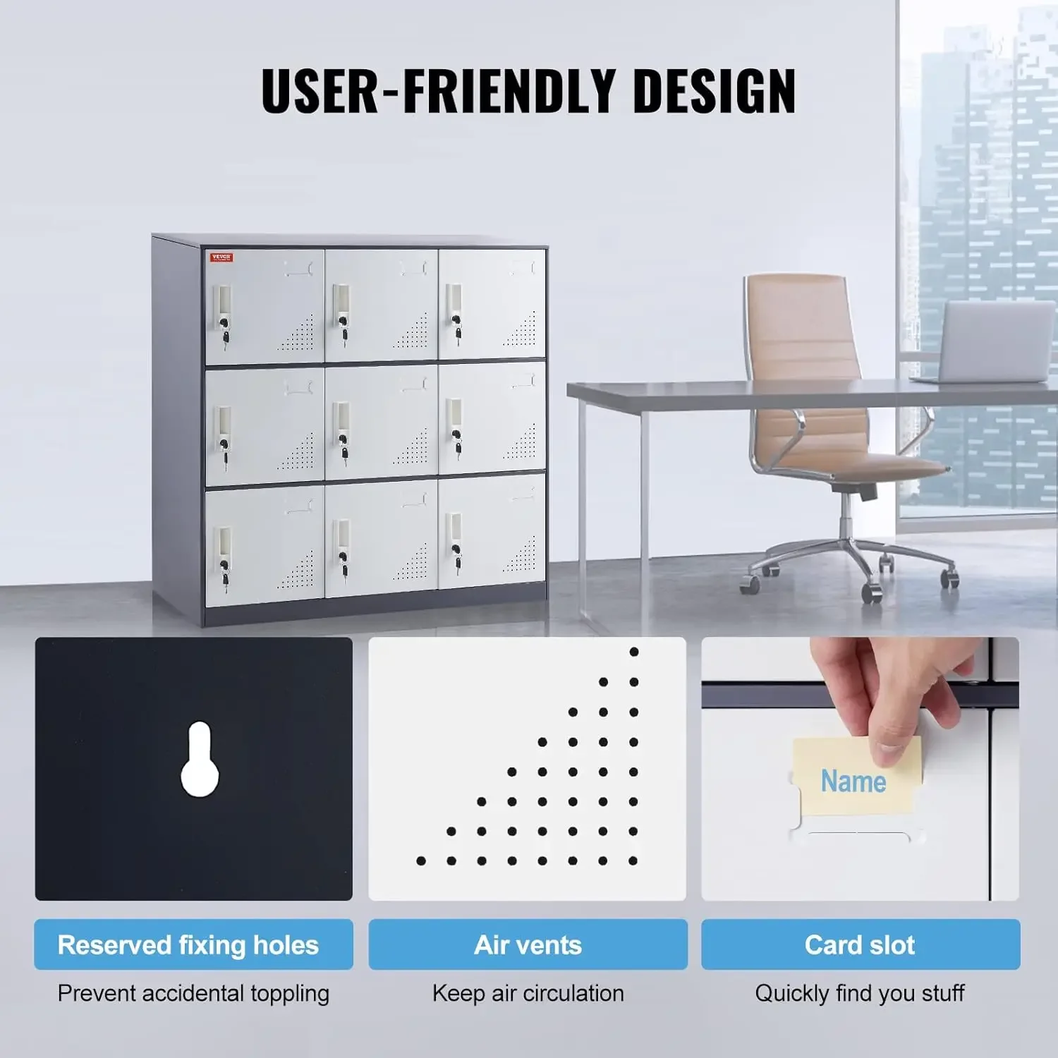 Casillero de metal para empleados, gabinete de almacenamiento de 9 puertas con ranura para tarjetas, taquillas para empleados de acero gris con llaves