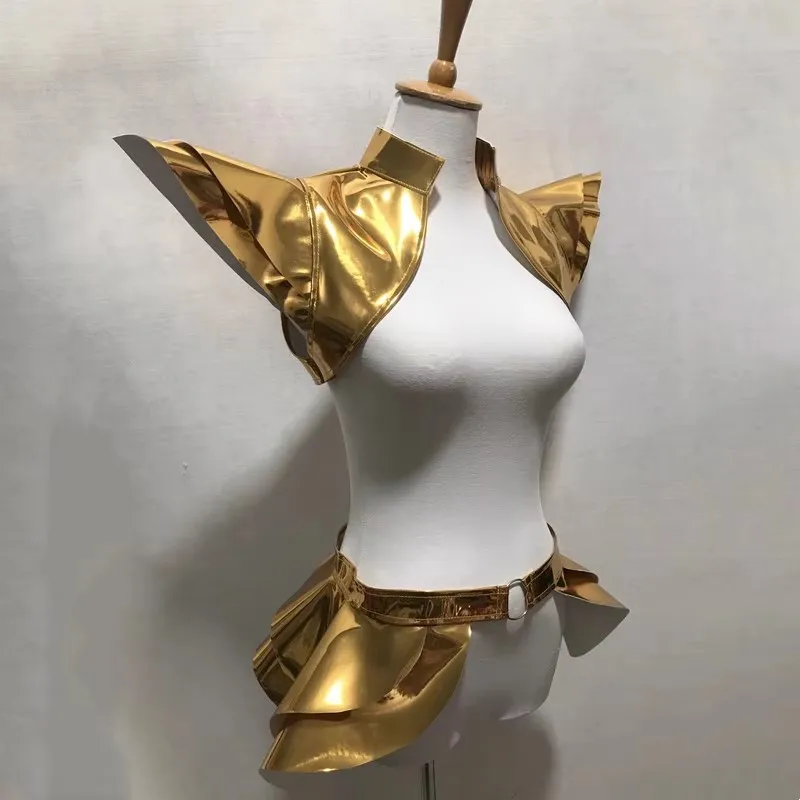 النساء ملابس رقص الجاز الذهب والفضة براءات الاختراع والجلود تحلق منصات الكتف تنورة أداء الملابس ملهى ليلي Gogo المرحلة زي