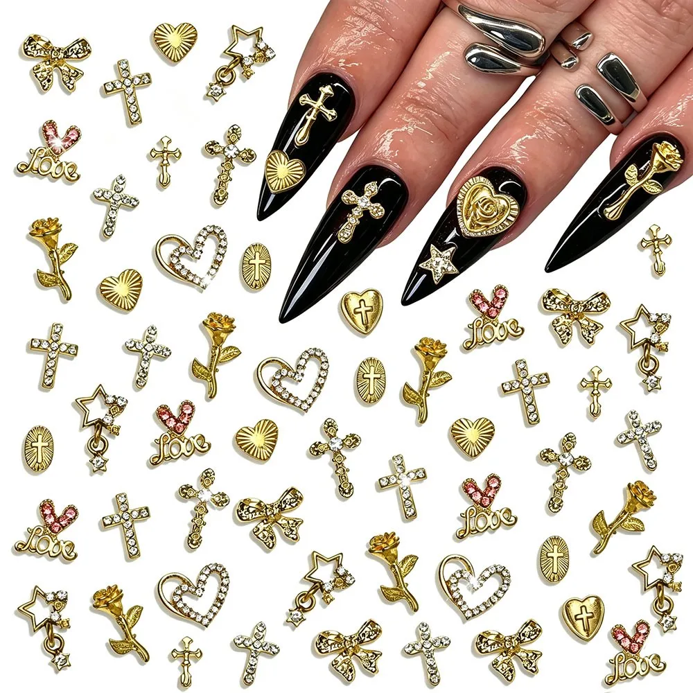 50Pcs mix Metal Gold Cross Heart Star Bow Rose Flower Nail Charms Shiny Alloy Pendant Star Nail Rhinestones Flatback Nail Jewelr