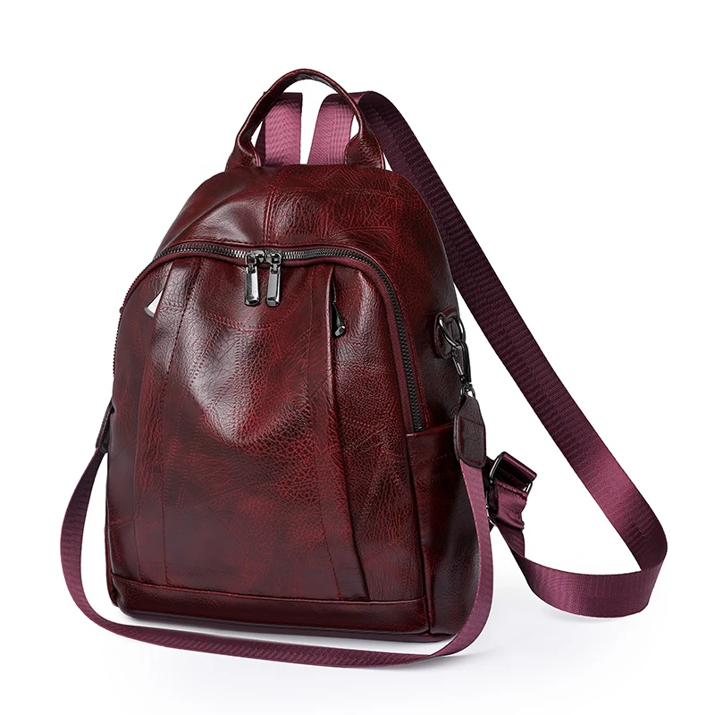 Burgundy PU Leather Backpacks For Women Solid Vintage Small Satchels For Girl Fashion Cute Small Book Bags Shoulder Packages