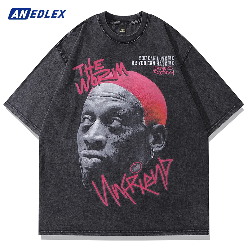 Men Oversized Washed T Shirt Hip Hop Streetwear Dennis Rodman Graphic T Shirt Short Sleeve T Shirt Summer Harajuku Fashion Tees