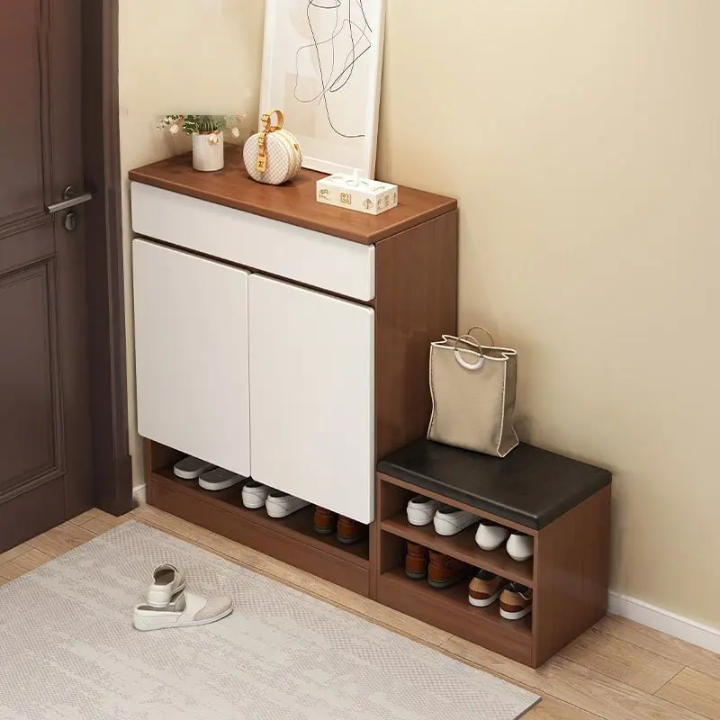 Shoe cabinet with shoe change stool, integrated with the door of the household, against the wall, large-capacity entrance