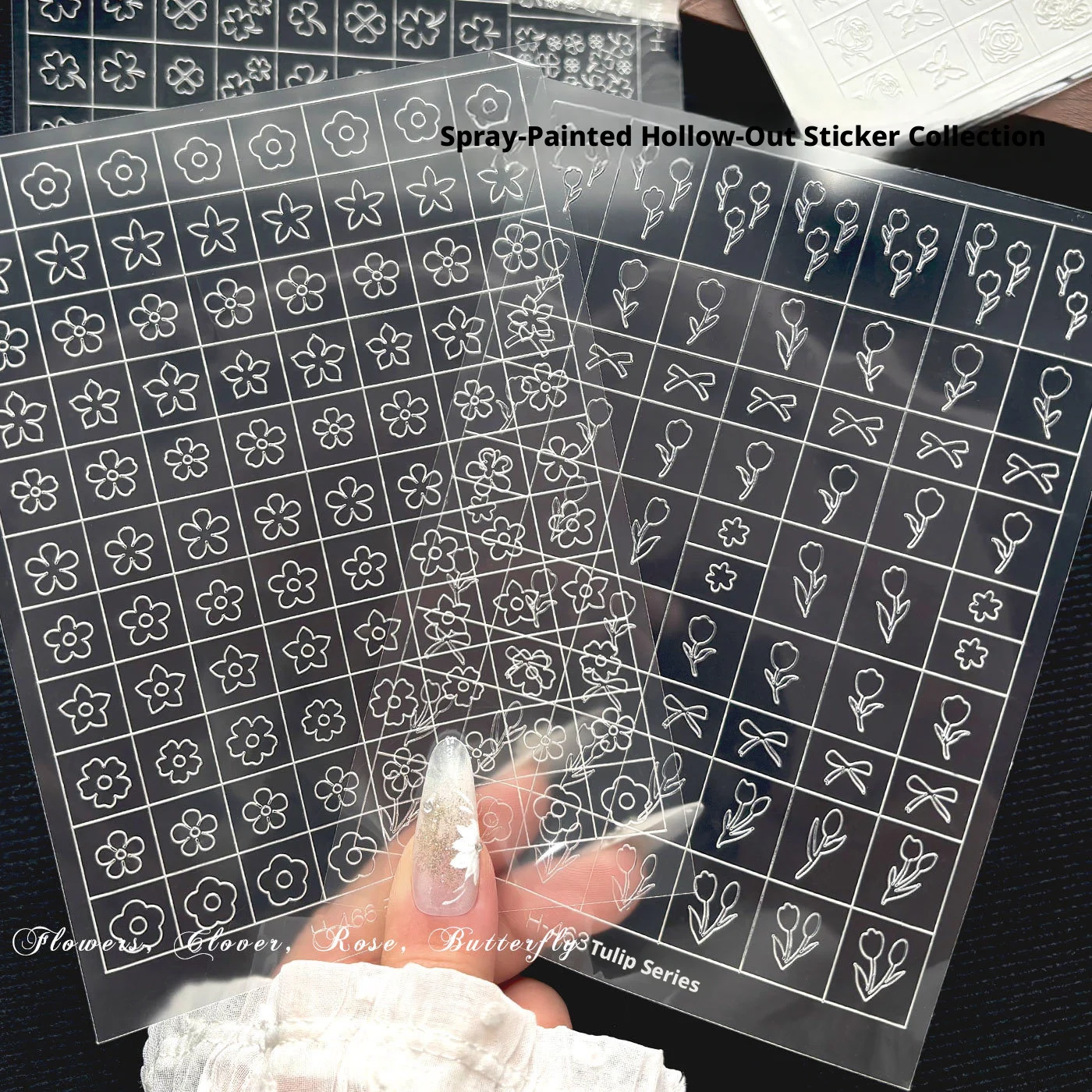 French Repeatable PET Nail Stickers 5-Petal Flower Spray Painting Template Stencil Transparent Reusable Nail Decoration For DIY