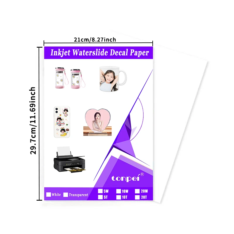 10 Sheets A4 Inkjet Waterslide Decal Transfer Paper White Transparent For DIY Mugs Procelain Phone Case Glass Metal Crystal