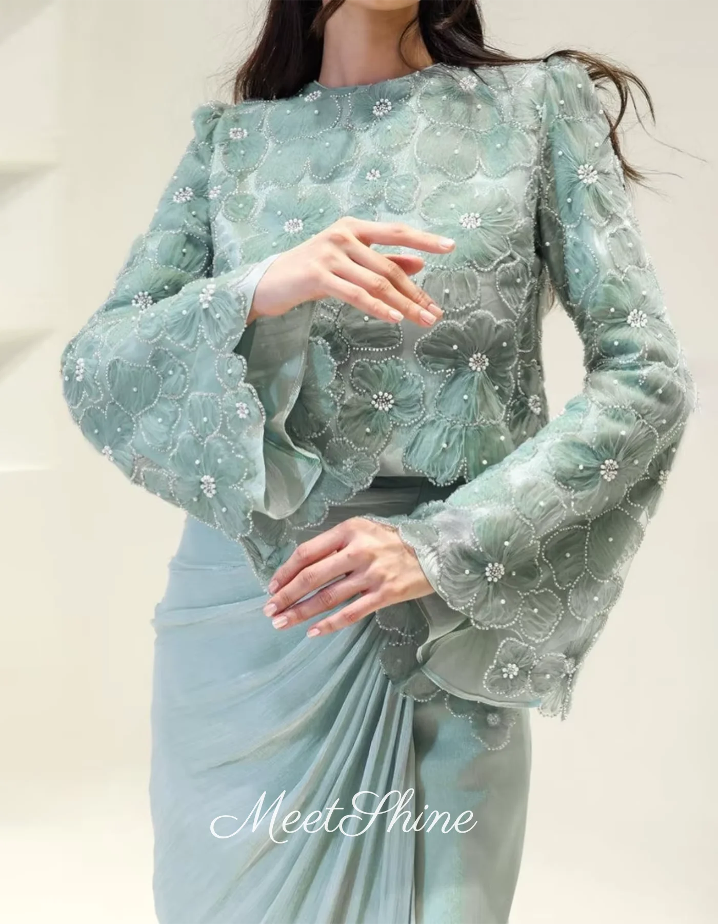 Aqua mangas compridas vestido de baile verde princesa vestido de noite arábia saudita formal vestido de casamento personalizado vestidos de gala 2025