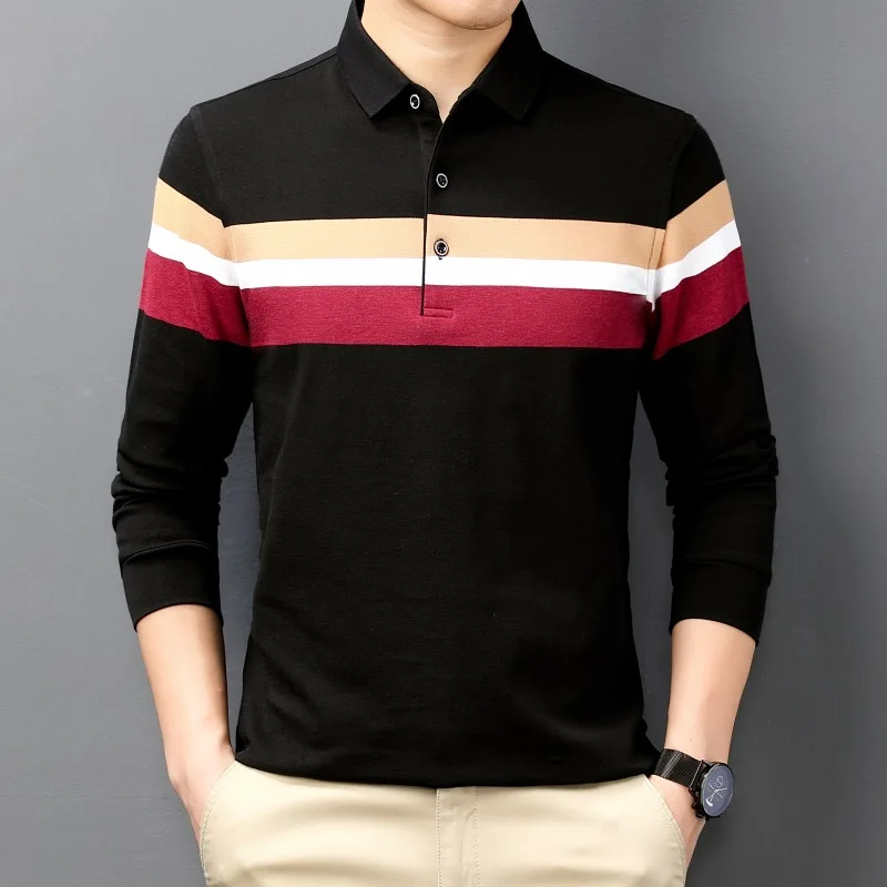 Spring and Autumn Men's Pullover Polo Collar Button Contrast Stripe Long Sleeve T-shirt Hoodies Underlay Fashion Casual Tops