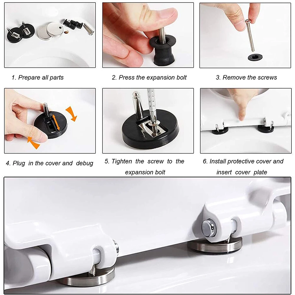 

2x Toilet Seat Hinges Stable Stainless Steel + Plastic Top Close Fitting Release Quick Accessories Black & Silver