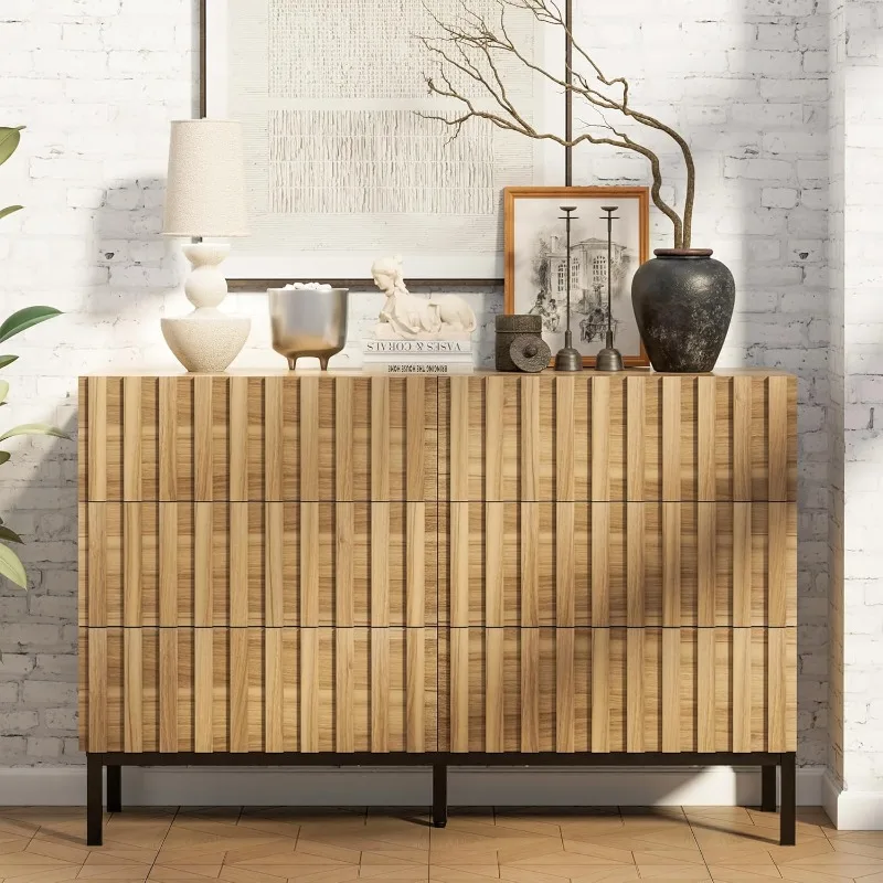 

Рифленый комод с 6 ящиками и металлической подставкой, современный комод середины века, деревянный комод для спальни, комод с акцентом для Be