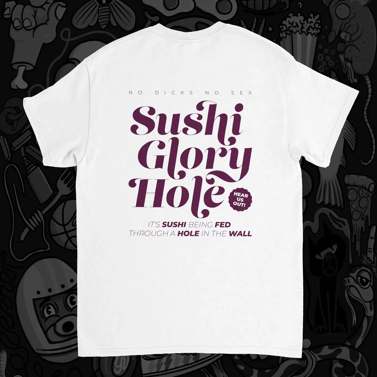 Camiseta divertida inspirada en Sushi Glory Hole The Lonely Island SNL, estampado frontal y trasero, multicolor, informal, vintage, lavada, versátil