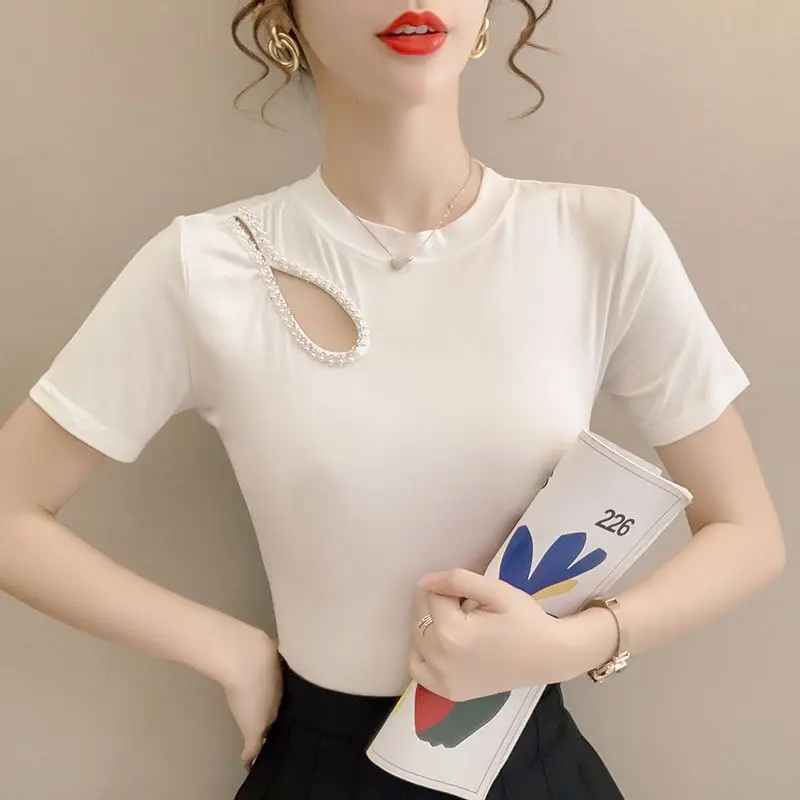 Elegant O-Neck Asymmetrical Diamonds Blouse Women\'s Clothing 2023 Summer New Casual Pullovers All-match Office Lady Shirt