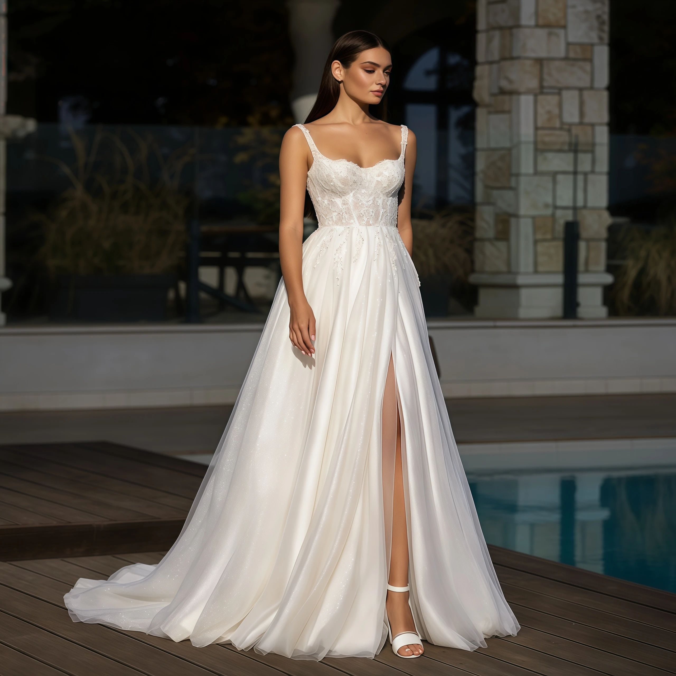 

Beaded Lace A Line Wedding Dress Spaghetti Strap Sweetheart Sparkle Tulle High Slit Bridal Gown Customized Custom Size