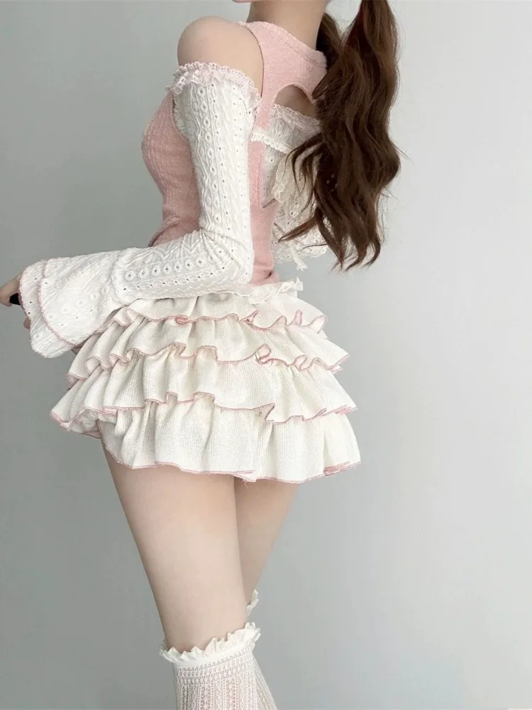 ADAgirl Kawaii White Ballet Mini Skirts Women Summer Elastic Waist Ruffle Lolita Skirt Japan Cutecore A-LINE High Waist Skirt