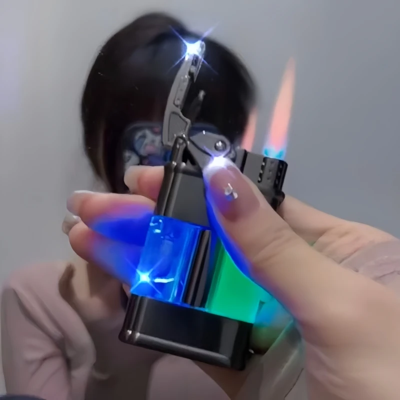 

Metal Transparent Gas Chamber Lighter Personalized Luminous Arm Windproof Straight Flame Lighter Outdoor Cigarette Accessories