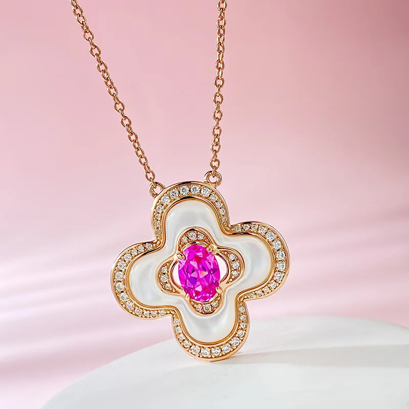 New Fashion and Elegant S925 Silver Clover 5 * 7 Pink Fritillaria Necklace Fashion Versatile Commuter Pendant Wedding Jewelry